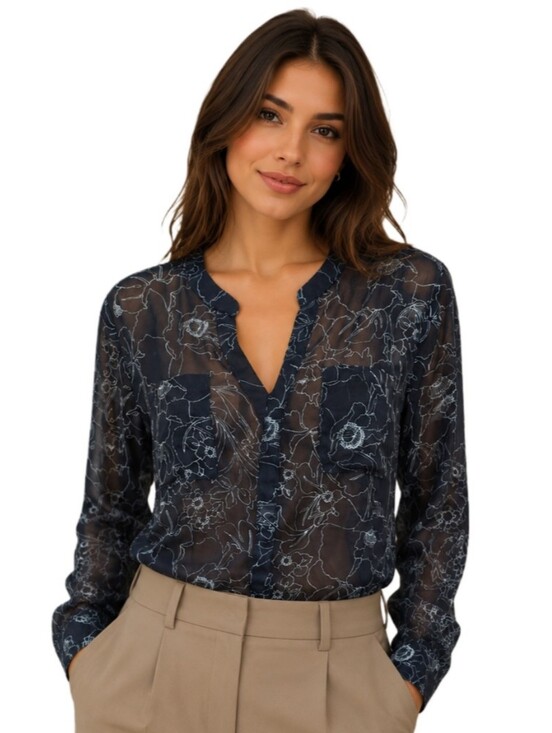 LOFT Tops - LOFT Ann Taylor Floral Sheer Split-Neck Long Sleeve Blouse